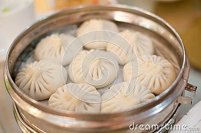 Aluminum steamer put delicious steamed stuffed bun Stock Photo